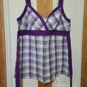 Plaid and Purple Adjustable Tank Top – Size L, 100% Cotton